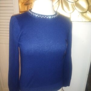 Ann Taylor Royal Blue Sweater with Beaded Neckline